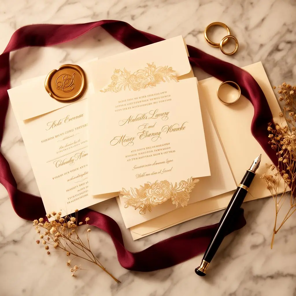 Luxury wedding stationery flat-lay with wax seal and calligraphy on marble surface