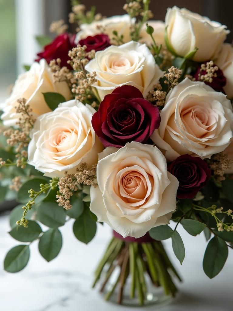 Close-up luxury wedding floral arrangement cream roses burgundy accents