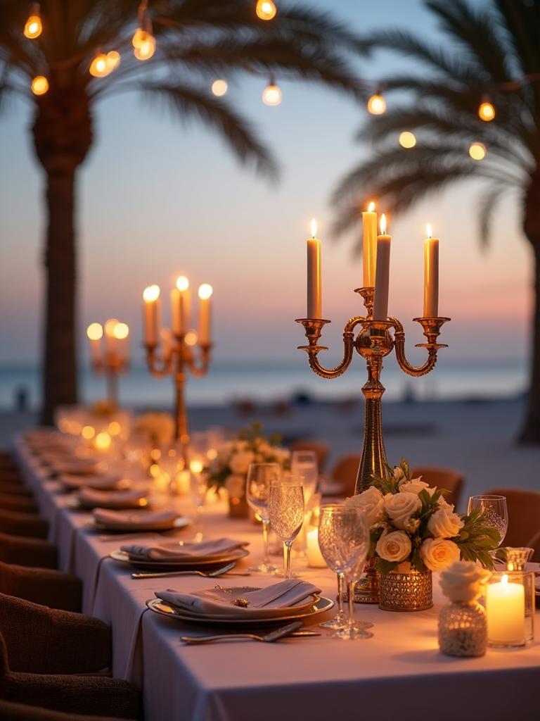 Elegant luxury beach wedding reception Palm Jumeirah Dubai at twilight