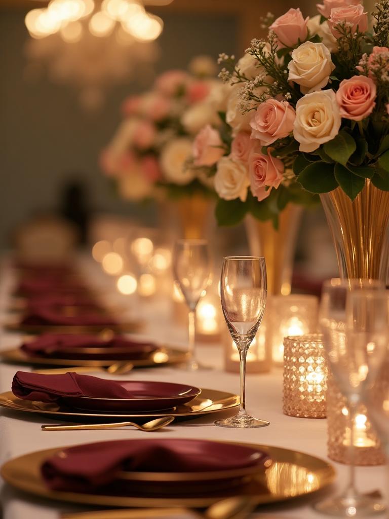 Luxury ballroom wedding tablescape Dubai with gold chargers and burgundy napkins