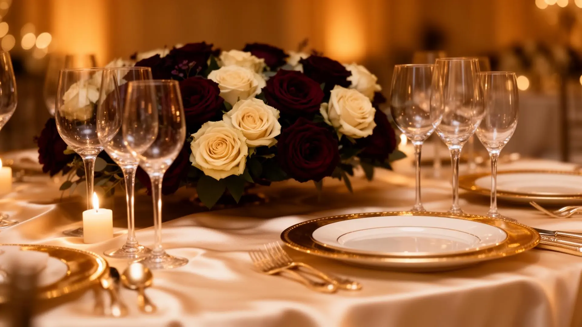 Luxury Dubai wedding venue interior with golden light and burgundy floral arrangements