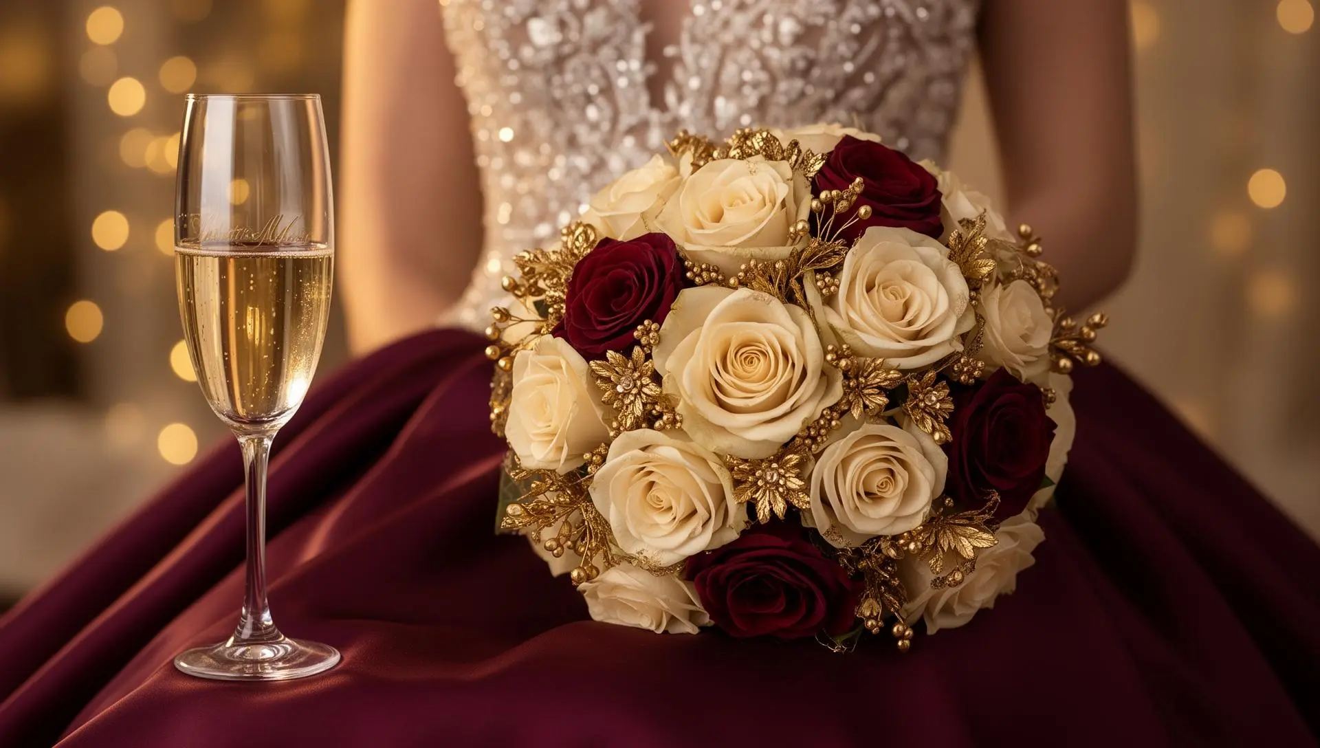 Luxury bridal bouquet with cream and burgundy roses and gold accents