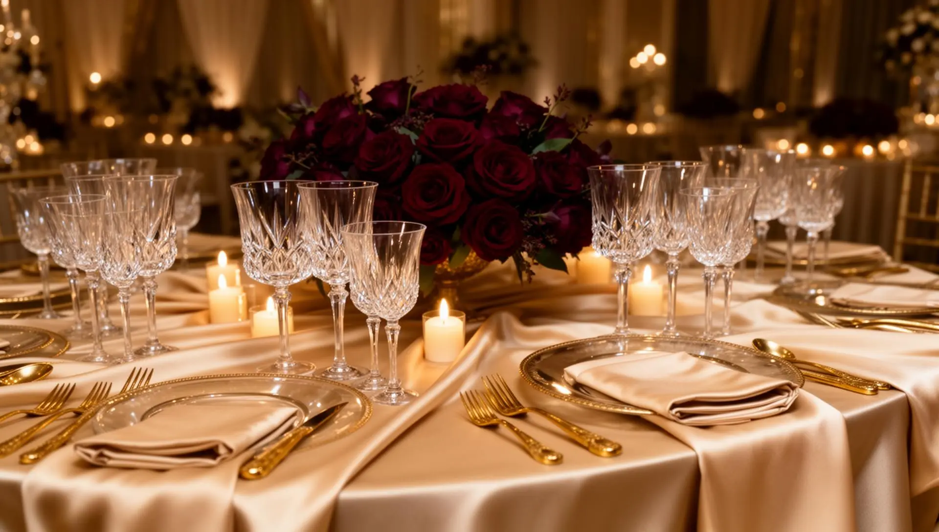 Elegant luxury wedding table setup with crystal glassware and burgundy roses in Dubai