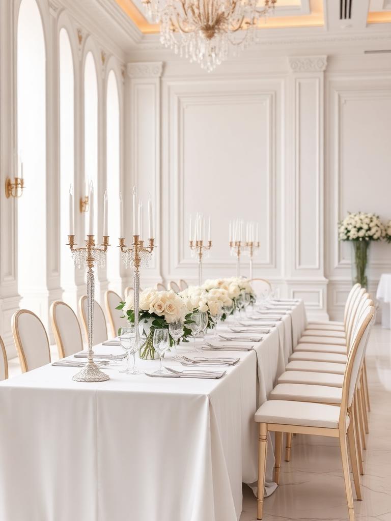Elegant white European luxury wedding reception with crystal candelabras in Dubai